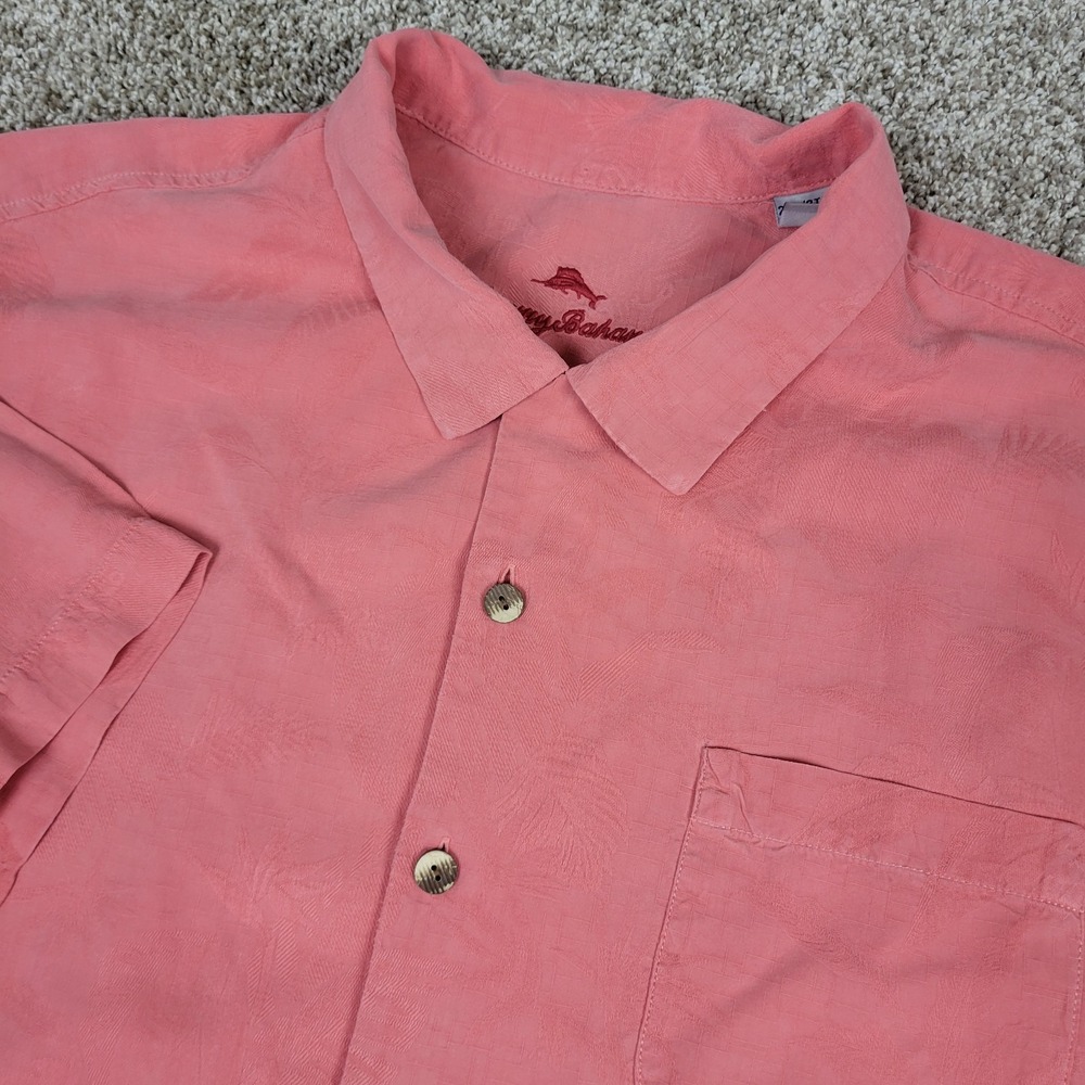 Tommy Bahama Mens 2XL Solid Salmon Jacquard Floral Hawaiian Camp 100% Silk